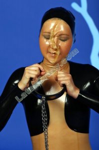 Budget Line latex catsuit with breathplay mask jade